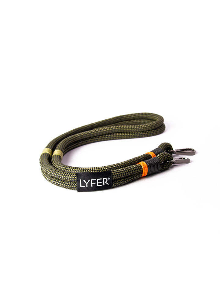 Full shot of Lyfer's birding binocular & camera straps, showing the woven tag, thread detail and carabiner fastening clips. 