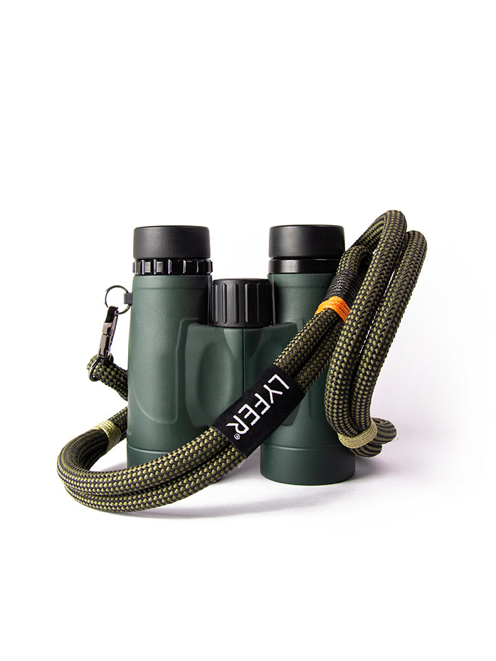 Full shot of the Lyfer birding binocular & camera straps and how they look with a set of binoculars. 