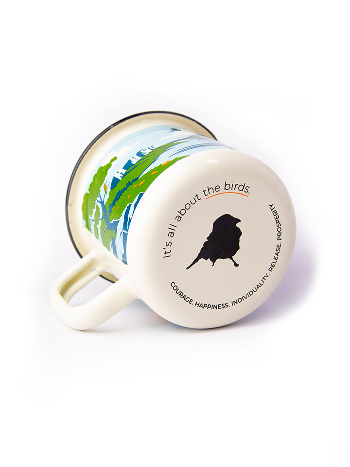 Bottom view of Lyfer's birding enamel mug. Close-up showcasing the high-quality enamel finish and Lyfer branding.