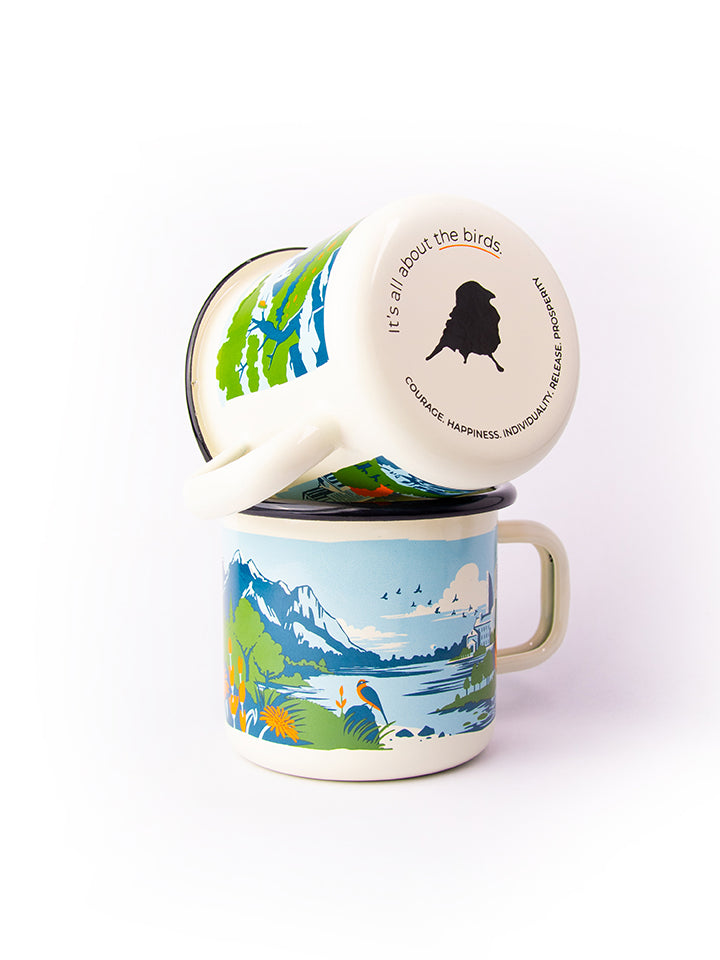 Bottom and full view of Lyfer's birding enamel mug. Close-up showcasing the high-quality enamel finish and Lyfer branding and the illustrations done by hand.