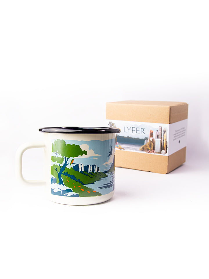 Lyfer's birding enamel mug with packaging, the Lyfer mug displayed alongside its eco-friendly branded packaging.