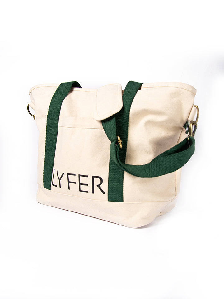 Full shot of Lyfer Tote Field Bag Birders showing the full design and proportions of the bag with Lyfer brand print.
