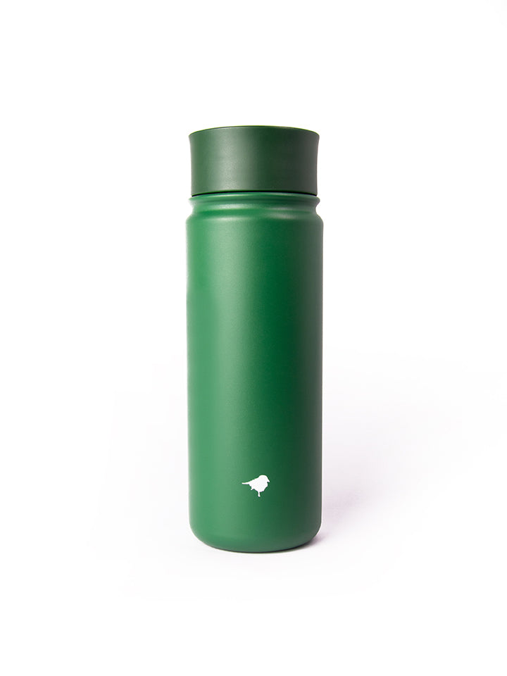 Full shot of the thermo Bottle for Birders, showing its proportions, the colour of the bottle and the detailed birdmark.