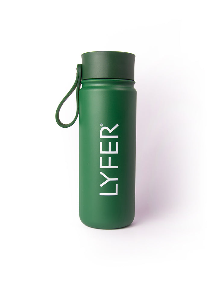 Full shot of the Lyfer thermo Bottle for Birders showing the LYFER brand and carry handle. 