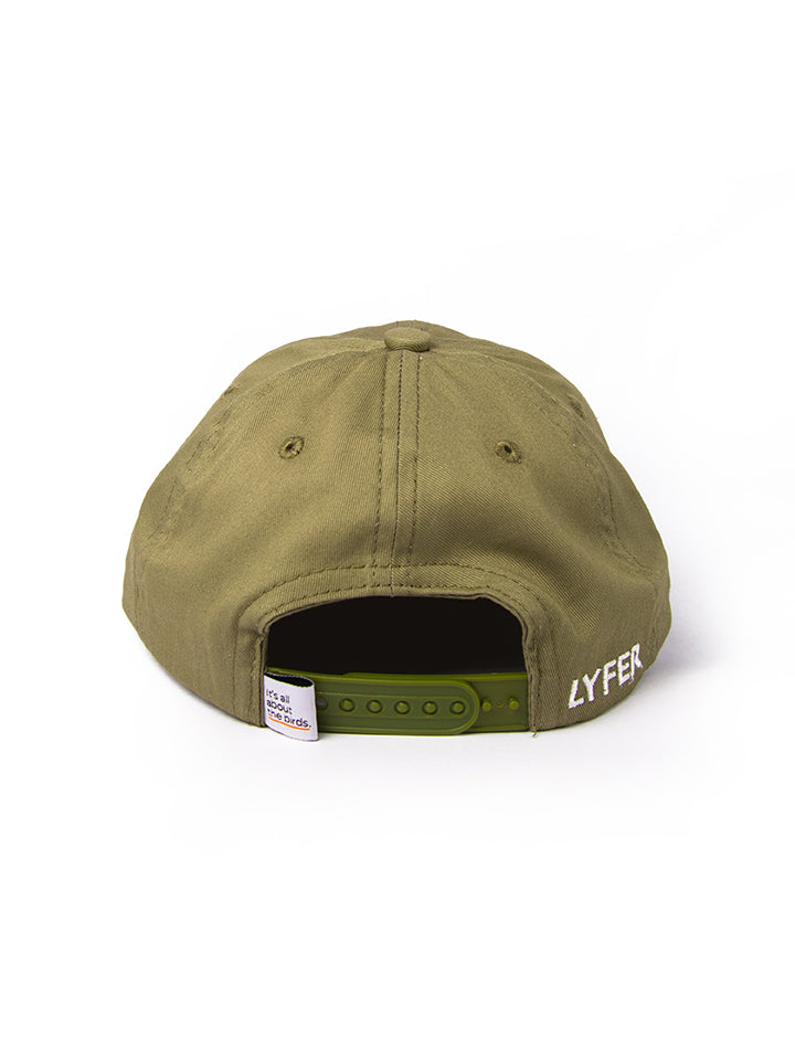 Back view of the cap  highlighting the adjustable strap and detailed stitching Including the Its All About The Birds unique fabric tag