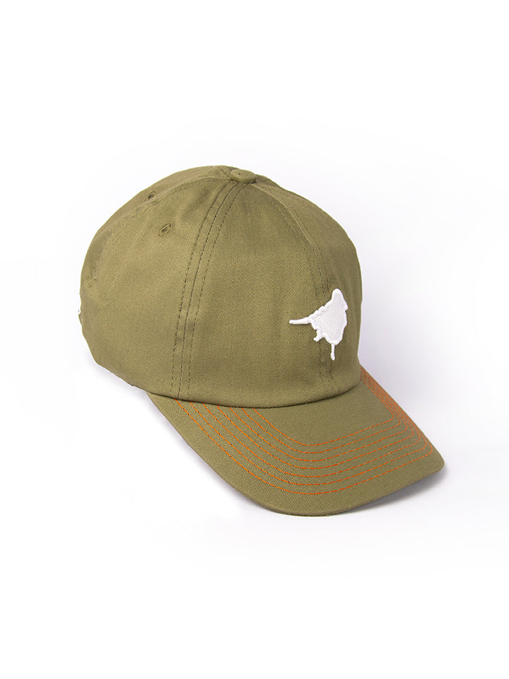 Side view of the Lyfer Birdmark 6-panel cap showing the sleek, designer bird logo on the side and its proportions and the orange threading detail