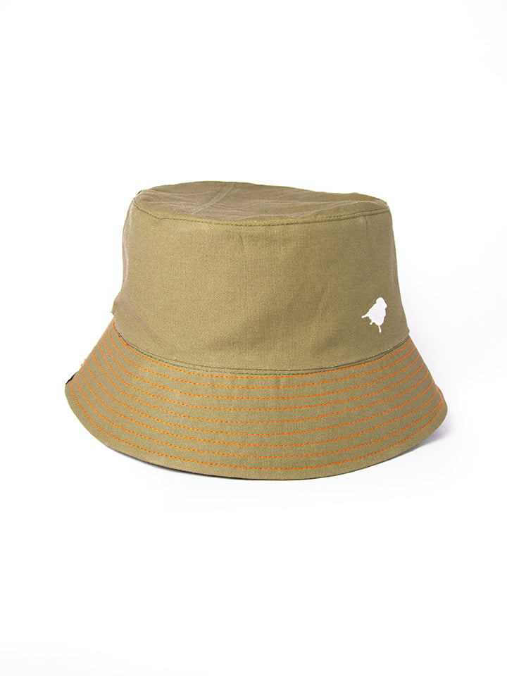 Full shot of Lyfer green designer bucket hat with Lyfer Embroidery and original orange stitching, made from 100% recycled materials.