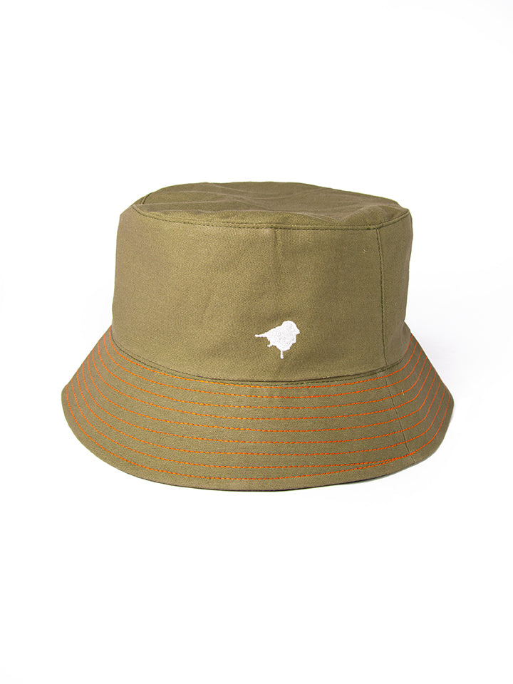 Full shot of Lyfer green designer bucket hat with Lyfer Embroidery and original orange stitching, made from 100% recycled materials.