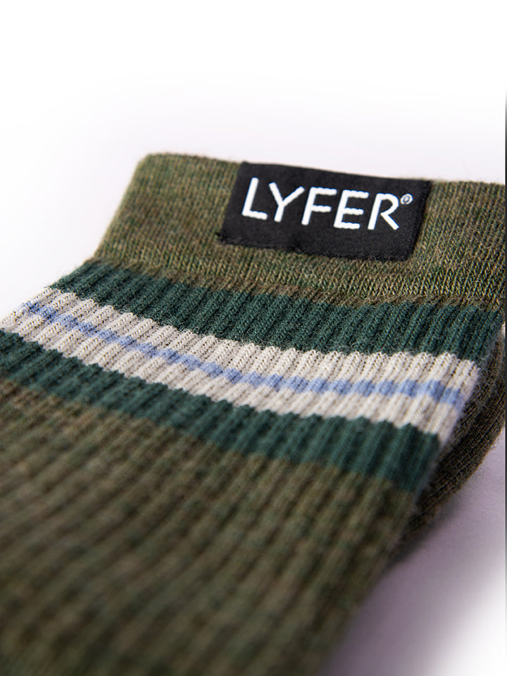 Close-up of Lyfer Original brand socks, highlighting the intricate detailing and fabric texture. These are designer socks for birders.