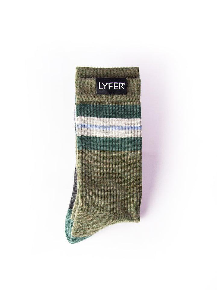 Lyfer Original Birdmark socks from the front view, showcasing the unique design and premium quality and the lyfer woven tag and colours. Designer socks for birders.