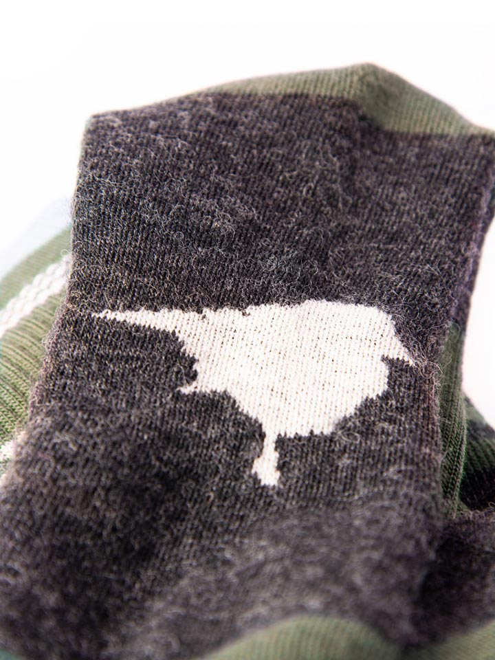 Close-up of Lyfer Original Birdmark socks, highlighting the intricate detailing and fabric texture and the detail of the birdmark on the base. These are designer socks for birders.