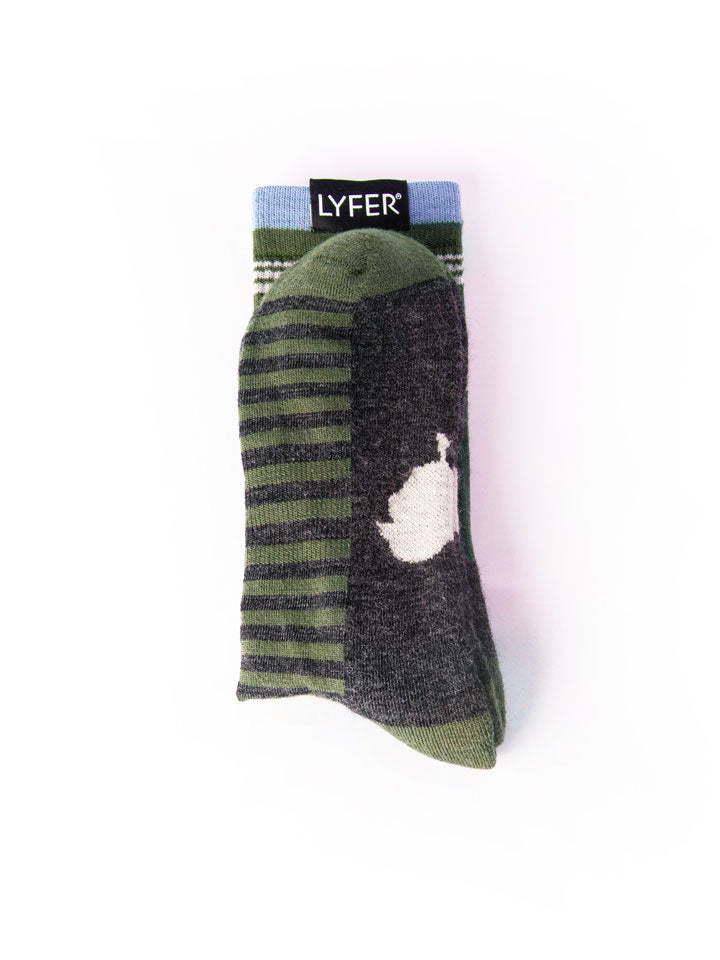 Lyfer Original Birdmark socks are designer socks for birders. Image from the back and bottom view, showcasing the unique design and premium quality