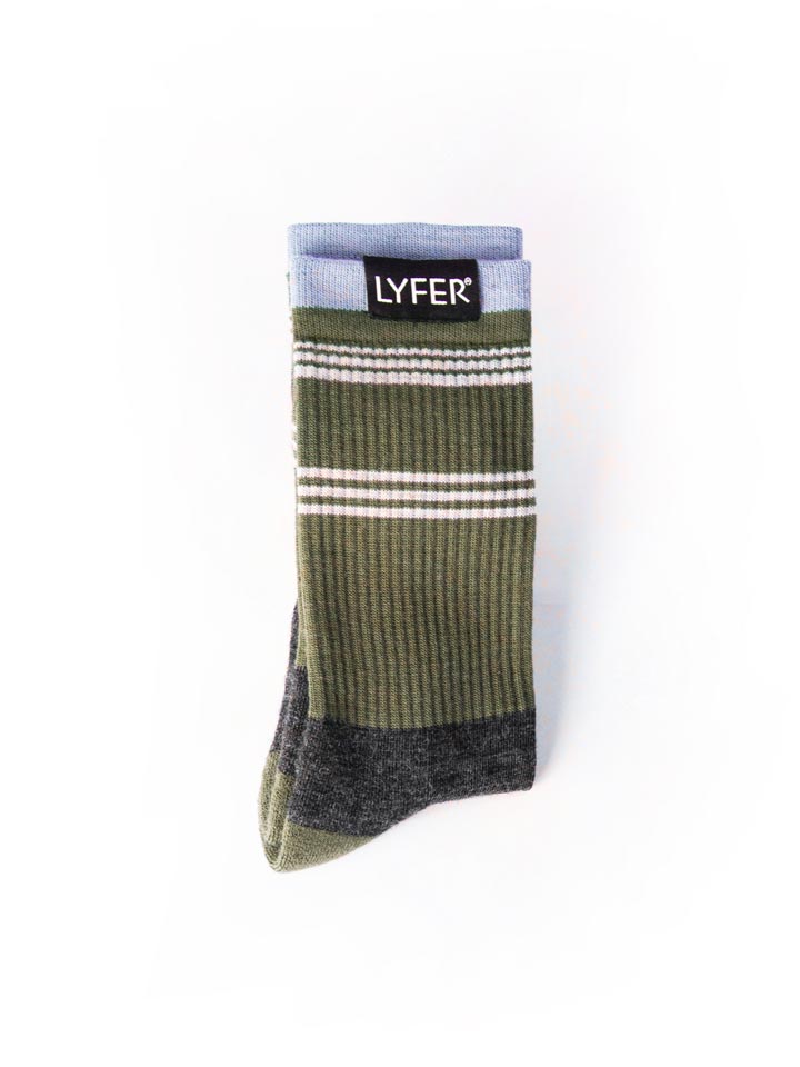 Lyfer Original Birdmark socks from the front view, showcasing the unique design and premium quality and the lyfer woven tag and colours. Designer socks for birders.