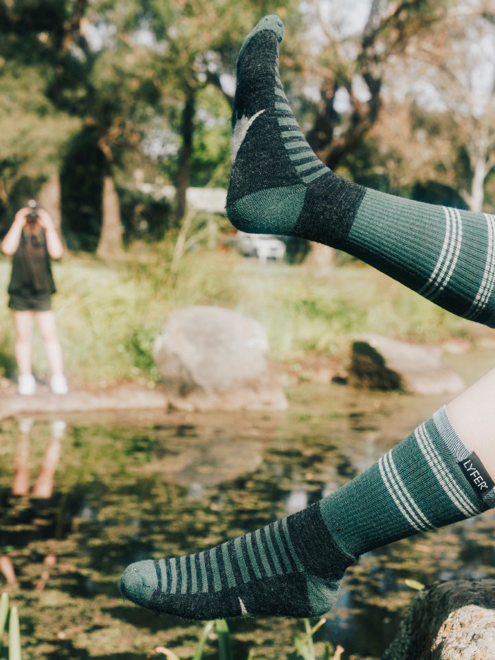 designer socks for birders and bird-watchers, Lyfer Original Birdmark socks worn on feet, showing their stylish look and comfort in action.