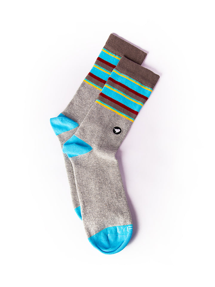 Full view of whole nature-inspired socks, featuring Golden-shouldered Parrot-inspired stripes with the birdmark logo embroidered on side. 
