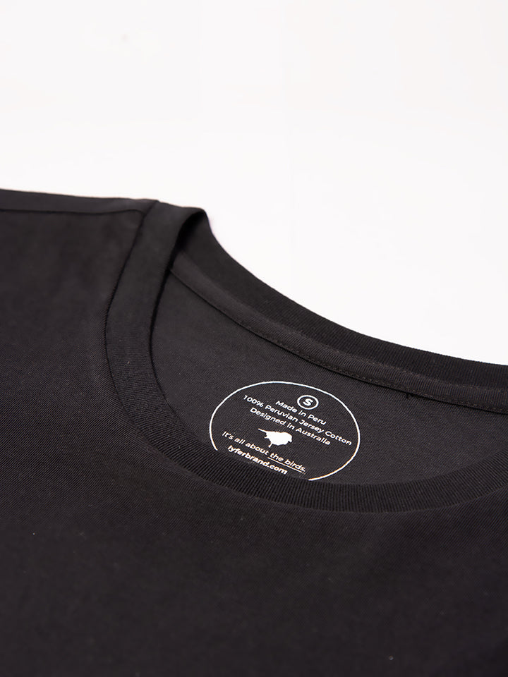 Close-up of Lyfer Birdmark T-shirt neck, showing the detail of the print and details on inside neck. This is a Bird lover's t-shirt.