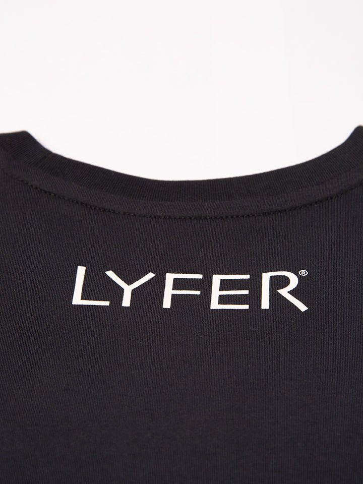 Back view of the range of t-shirts for Bird lover's, the Lyfer Birdmark T-shirt with a focus on the clean design and premium finish of a charcoal coloured fabric, close up of Lyfer brand on neck.