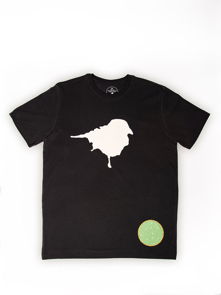 Front view of Birding print t-shirt featuring bold bird-themed print of Birdmark with Lyfer binocular cleaning patch detail.