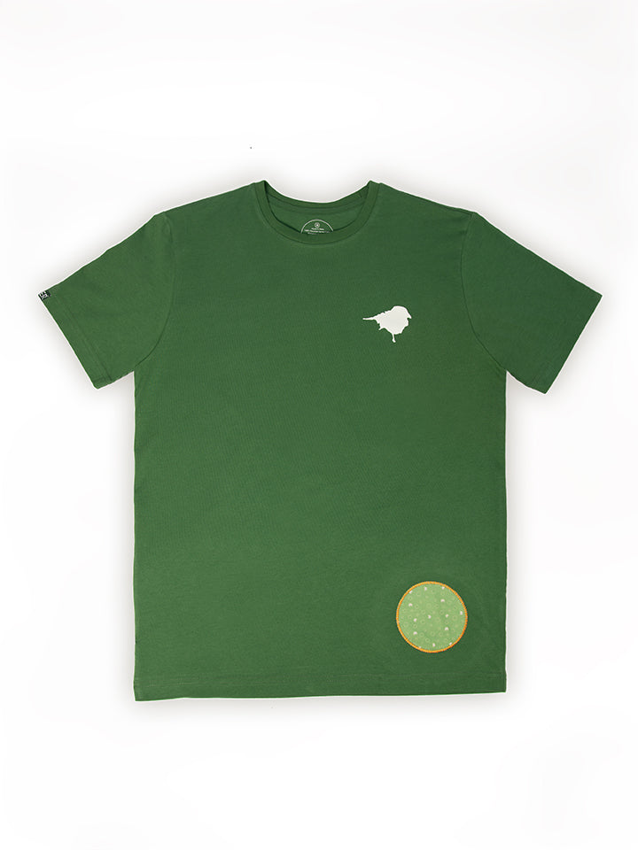 A Bird lover t-shirt with a front view of Birding print t-shirt featuring bird-themed print of Birdmark with Lyfer binocular cleaning patch detail,