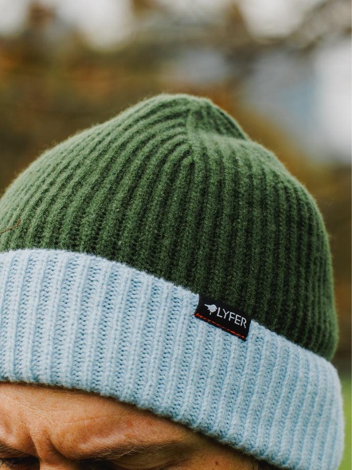 Front view of LYFER ribbed knit Merino wool beanie