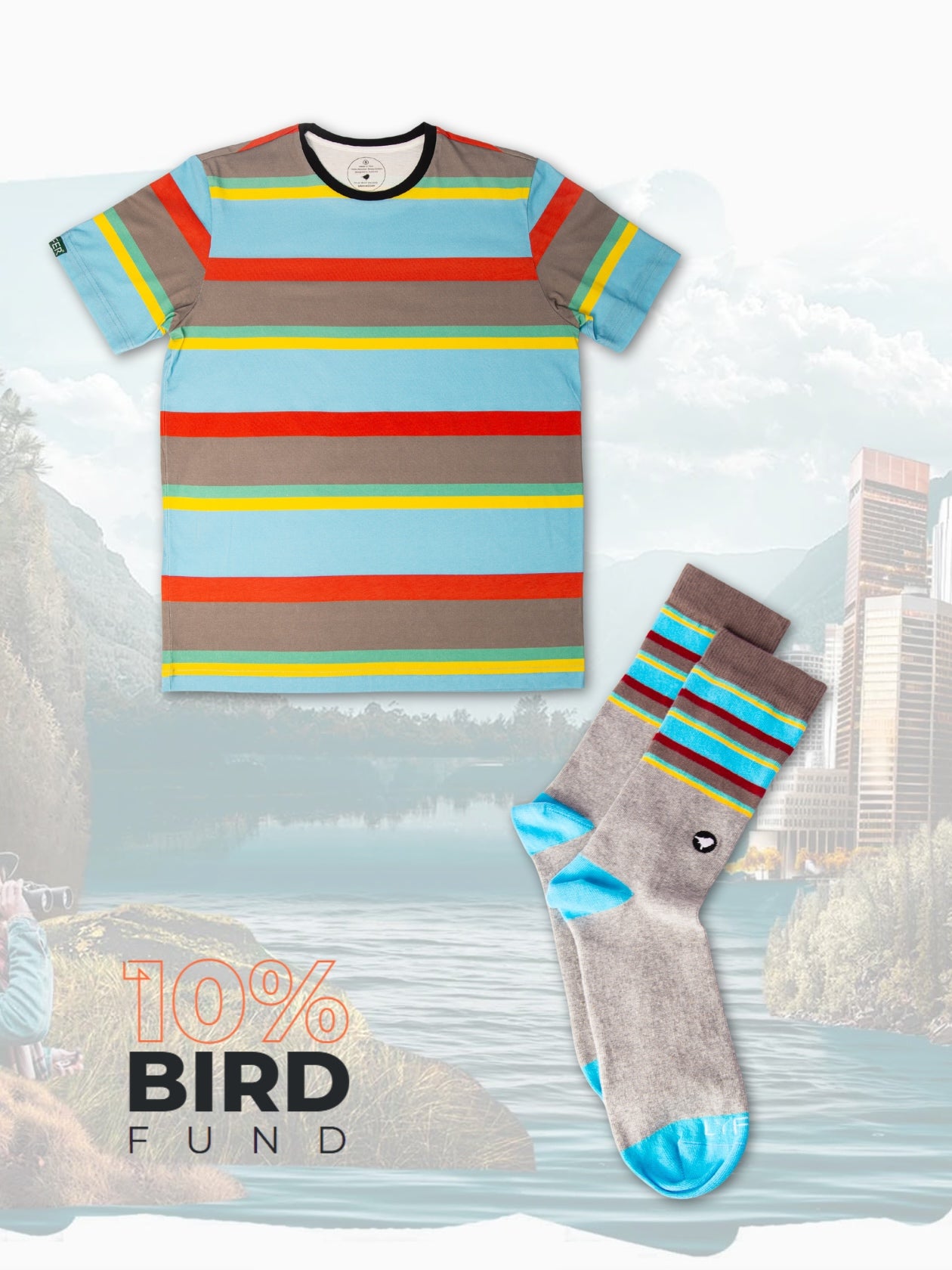 LYFER endangered range conservation apparel with a Striped t-shirt and socks from the colours of the golden-shouldered parrot and the  10% Bird Fund' text.