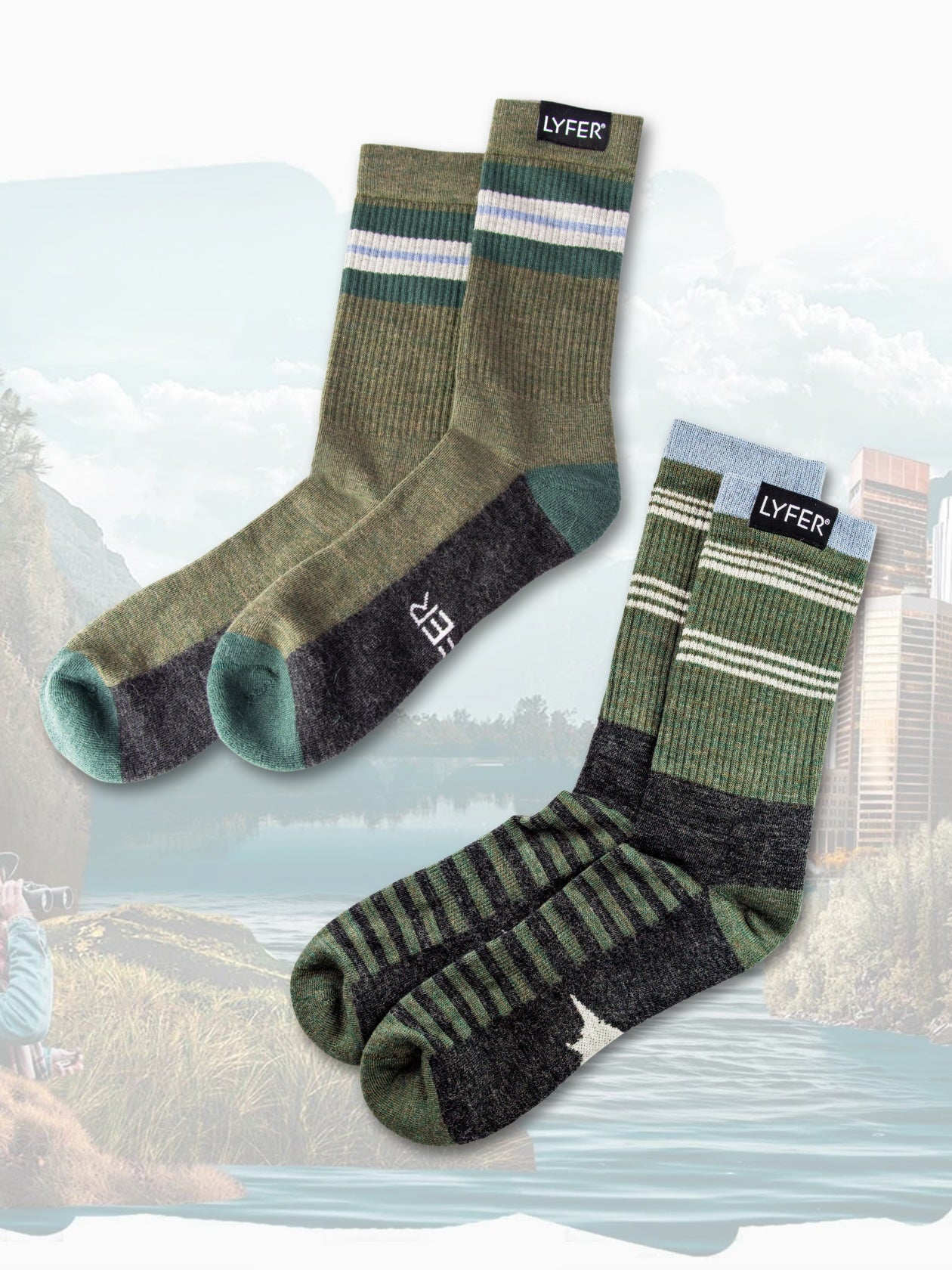 Two pairs of LYFER field merino wool socks in  green and blue socks with striped patterns on a scenic background 