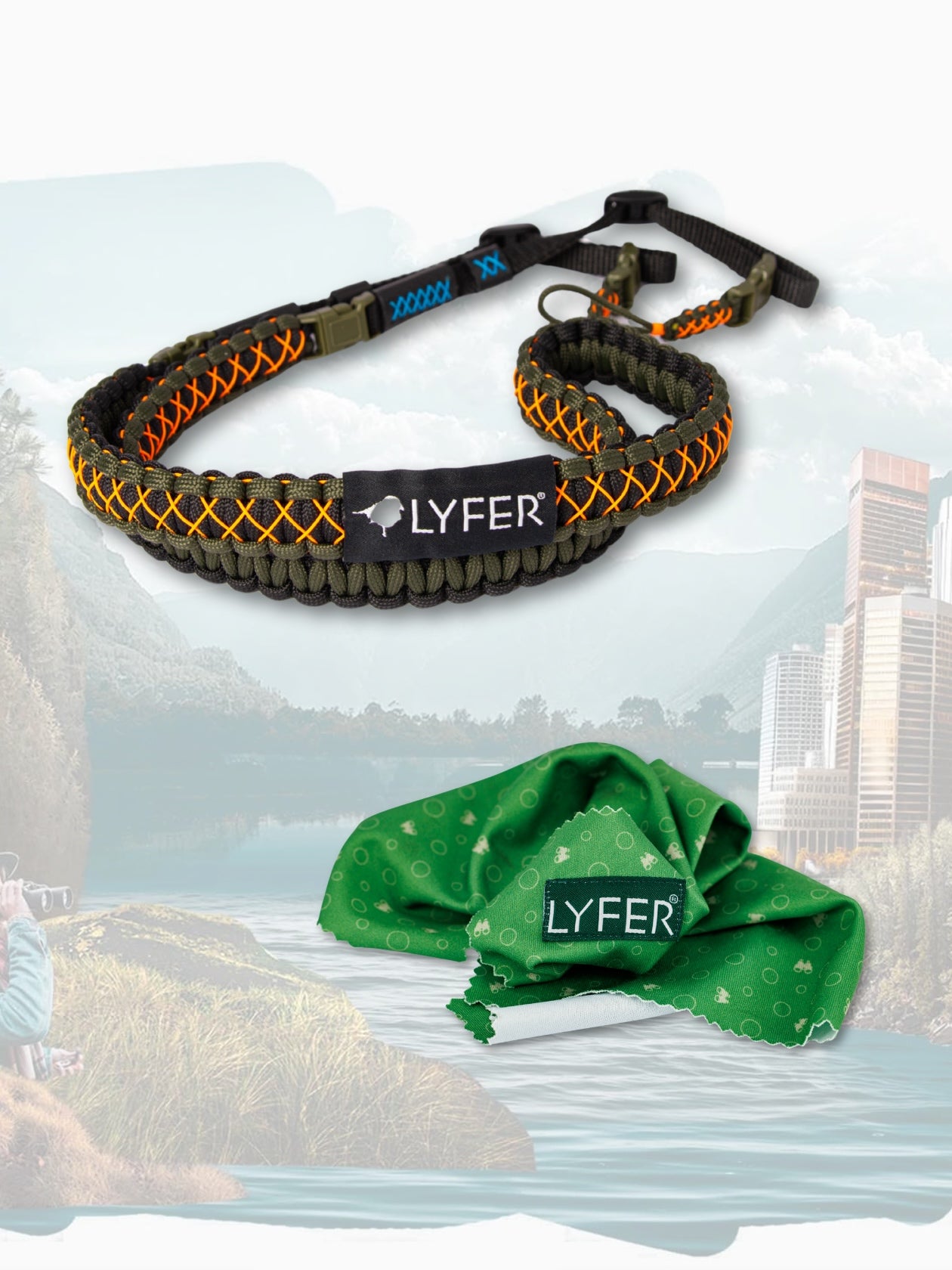LYFER adjustable binocular and camera strap with micro-cloth cleaner with cityscape background