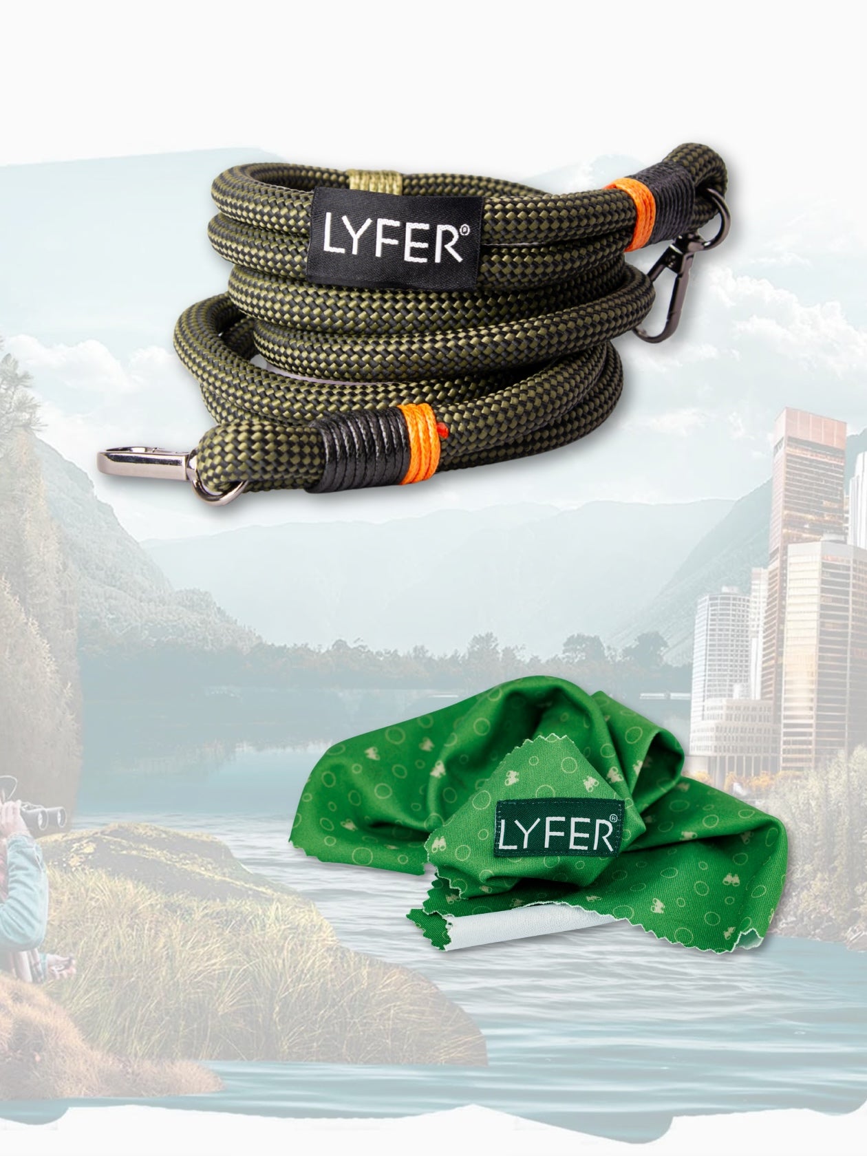 LYFER birdwatching Binocular strap with a micro-cloth cleaner green towel with 'LYFER' branding on a cityscape background
