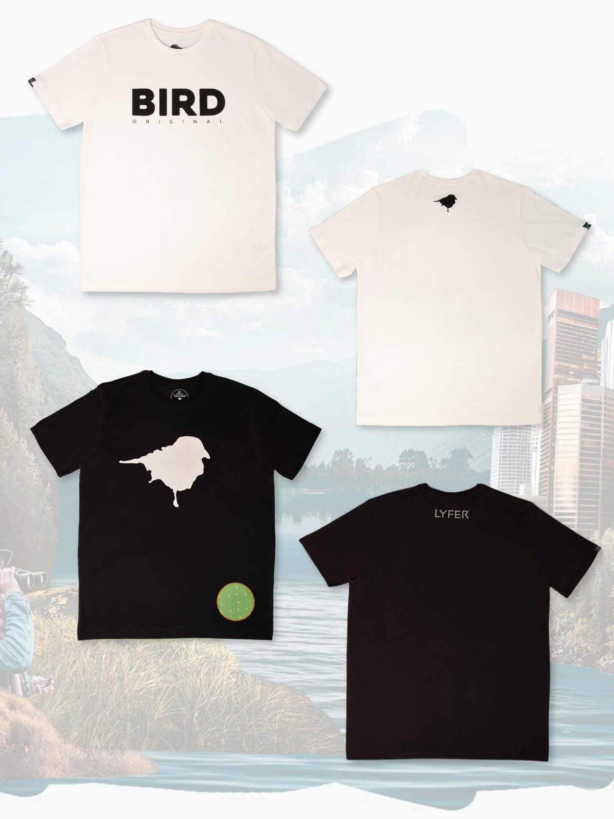Four Lyfer bird-watching t-shirts with different including bird original and the birdmark with binocular patch cleaner