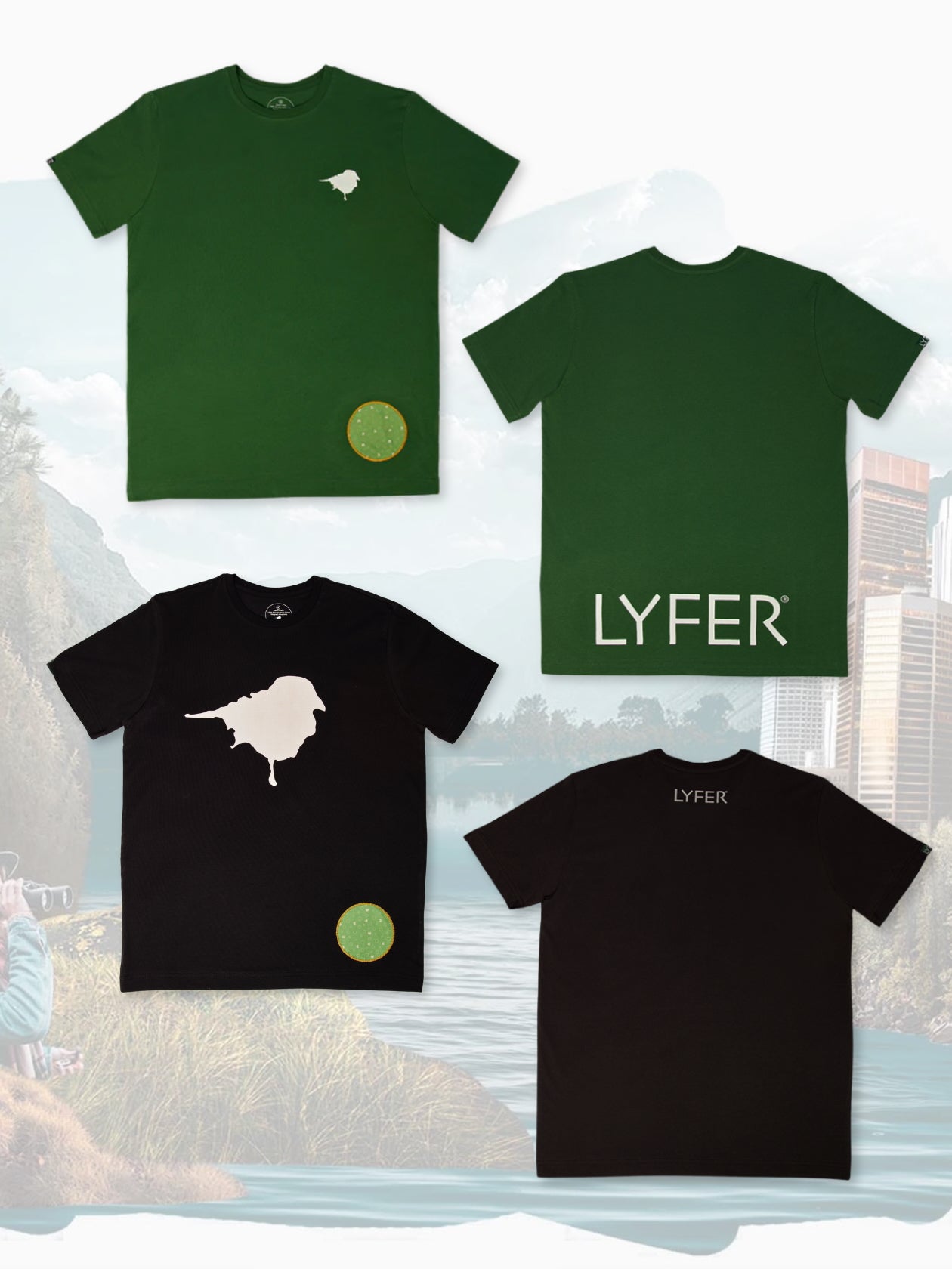 LYFER bundle of LYFER brand tee in green and birdmark tee in black t-shirts with 'LYFER' branding on a cityscape background.