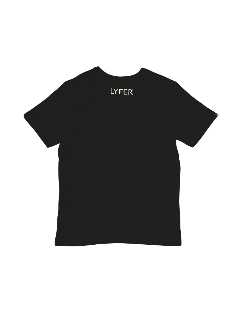 Back of the LYFER birdmark tee with water-based ink of LYFER logo