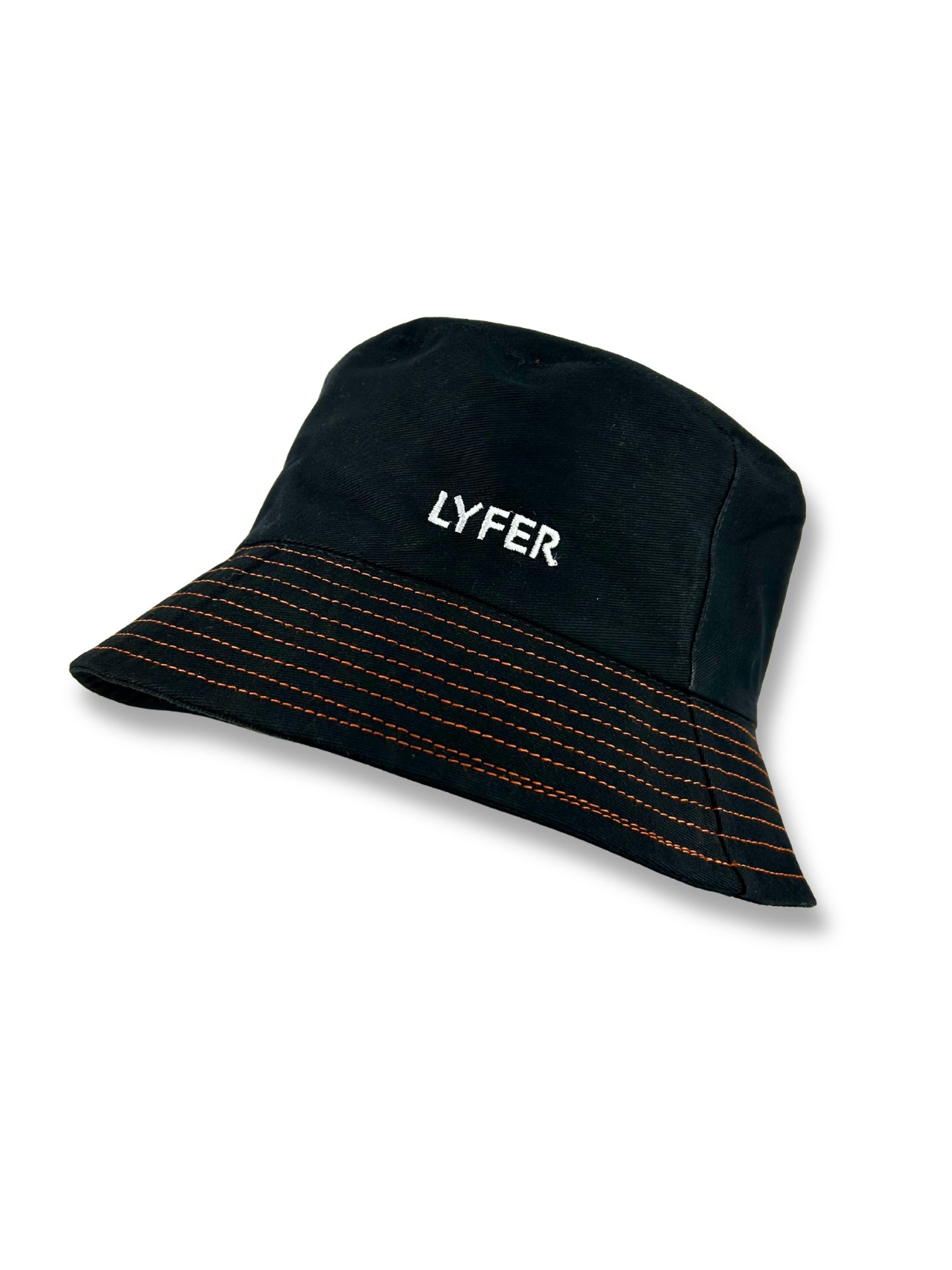 LYFER Black bucket hat with 'LYFER brand sewn - branding on a white background