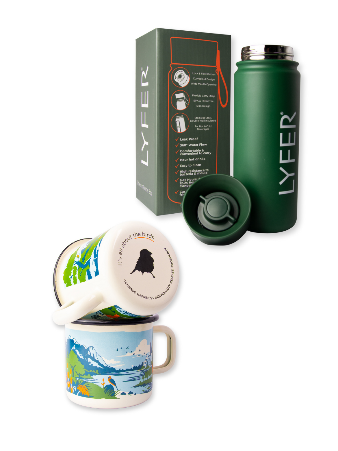 LYFER branded mug, thermos, and packaging on a white background