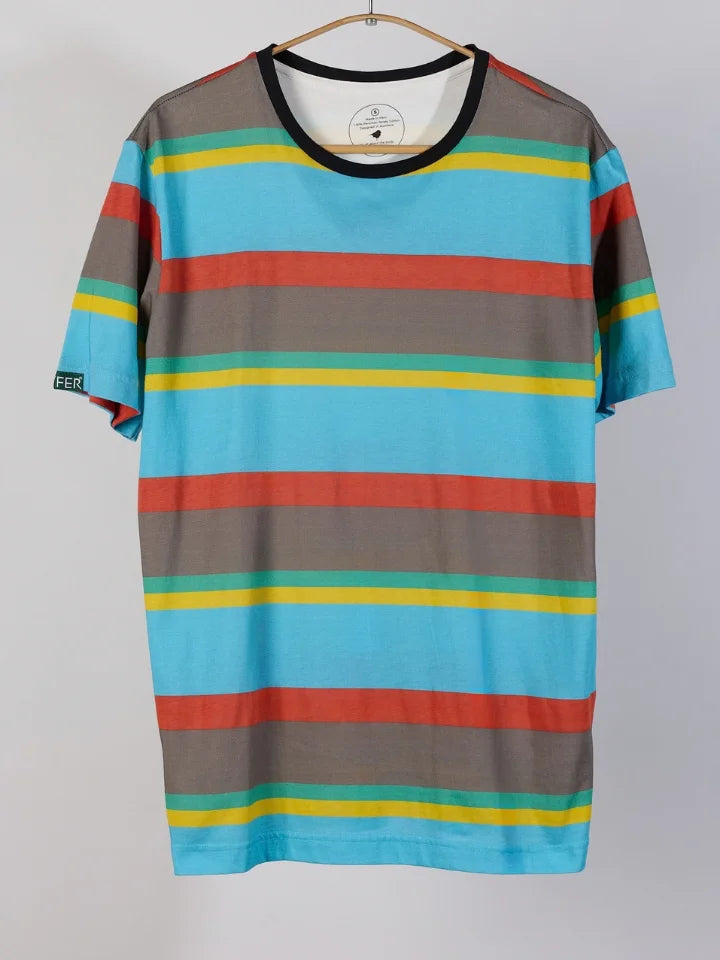 A short-sleeve crewneck t-shirt with horizontal stripes in light blue, brown, red, yellow, and teal, hanging on a wooden hanger against a light gray background.