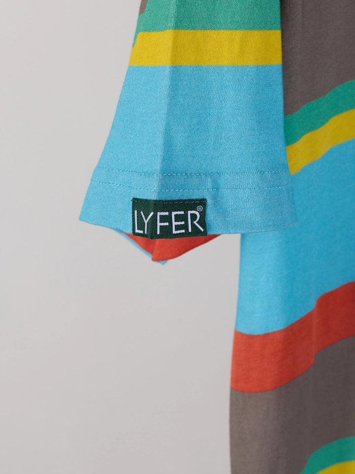 Close up of the sleeve of the Endangered Range Tshirt showing LYFER in green woven tag