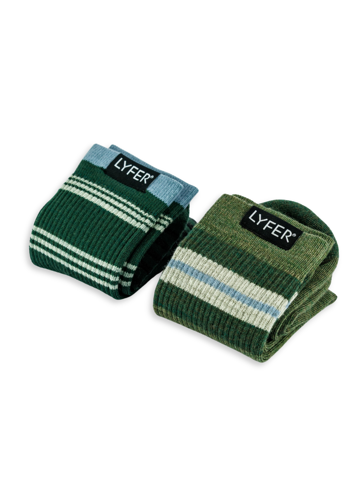 Pair of LYFER Field Socks, green and blue striped socks with 'LYFER' branding on a white background