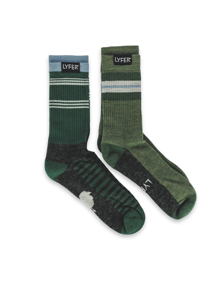 Two pairs of LYFER  green socks with white stripes and 'LYFER' branding on a white background. Bundle offering.