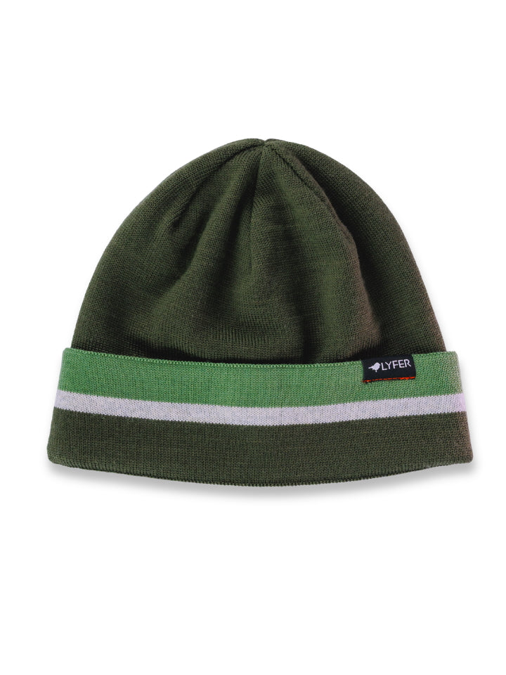 Front view of the LYFER heavyweight Merino wool beanie