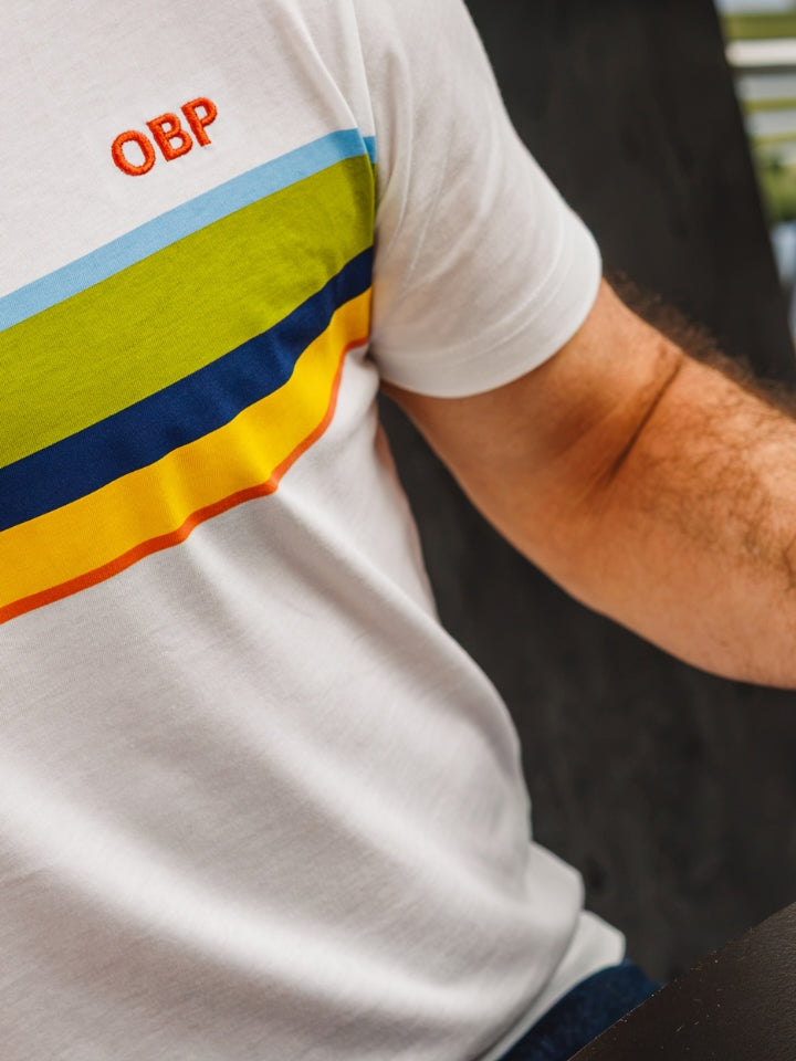 Close up model wearing the LYFER Orange Bellied Parrot t-shirt, close up showing the embroidery and the coloured stripes