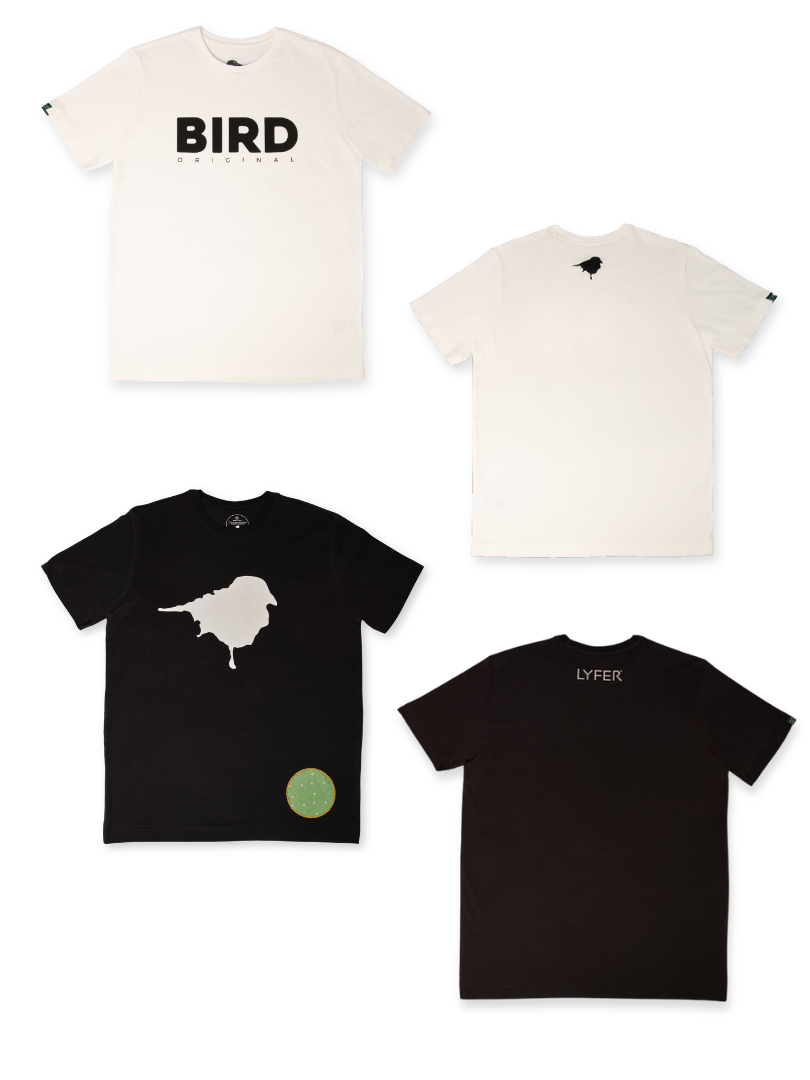 Lyfer Bird original and birdmark tees showing front and back as part of bundle