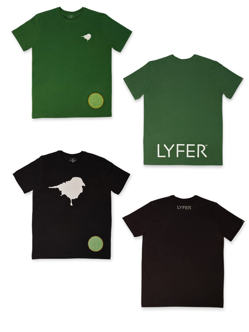 Lyfer brand tee and birdmark tees showing front and back as part of bundle