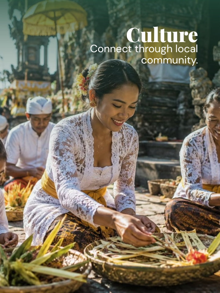 A woman in traditional Balinese lace clothing sits outdoors at a temple, preparing offerings in woven baskets, with other people and the text 'Culture Connect through local community.' visible in the upper right.