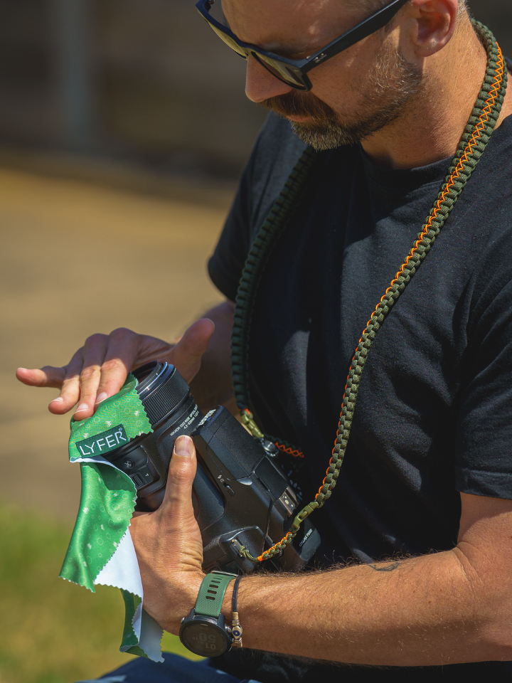 Binocular and camera cleaning cloth with lyfer adjustable bino straps and model cleaning and camera