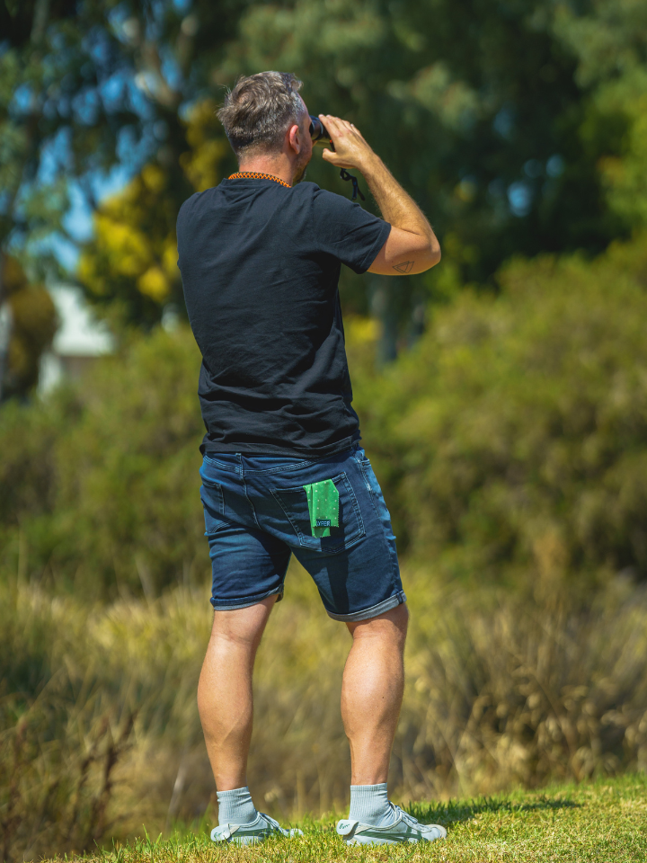 Binocular and camera cleaning cloth, in the back of birdwatchers pocket