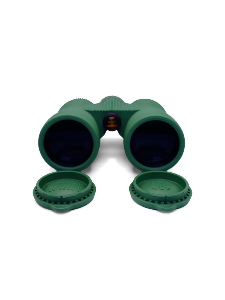 NOCS 8x42 birding binoculars on a white background with caps down showing the optics