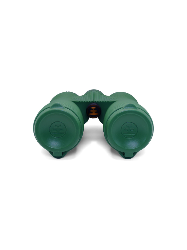 NOCS 8x42 birding binoculars on a white background with caps up showing how the optics are protected