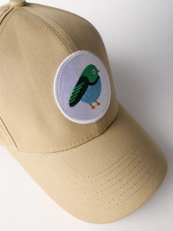 Close up of a LYER baseball cap with a patch of a bird in mutli-colours
