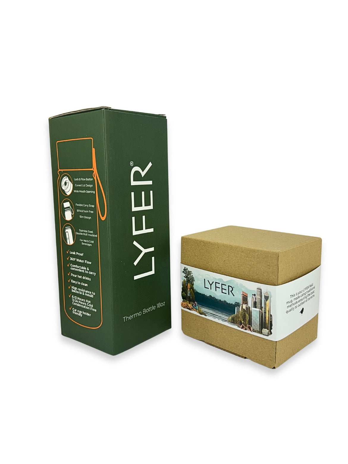 LYFER product packaging including a green box of the LYFER thermo bottle and a Enamel Field mug packaging on a white background