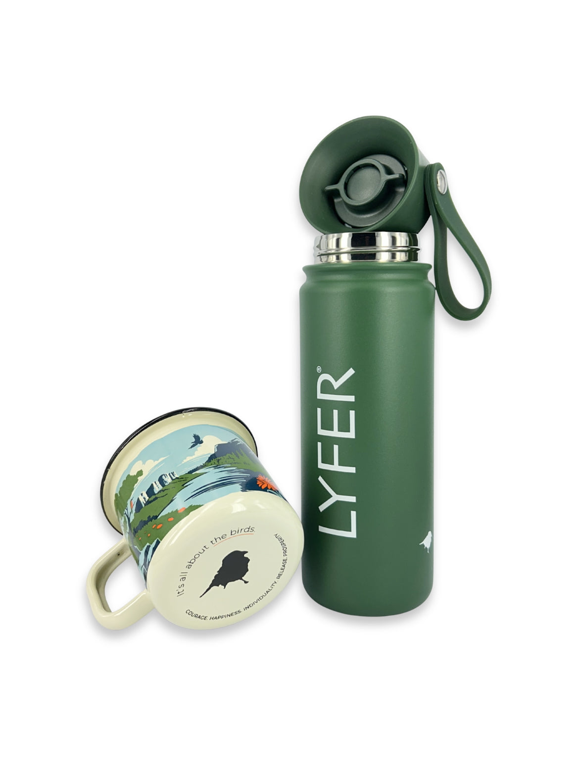 LYFER thermo bottle and LYFER field enamel mug with 'LYFER' branding on a white background