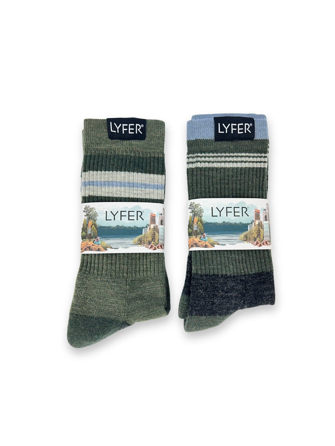 Two pairs of LYFER Field socks with striped patterns on a white background, featuring the brand 'LYFER'.